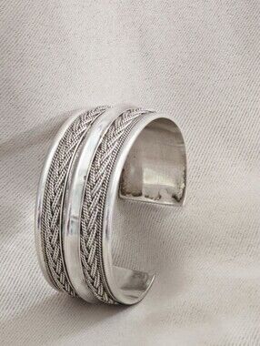 925 Sterling Silver Cuff Bracelet With Braided Wire Detail Hand Crafted